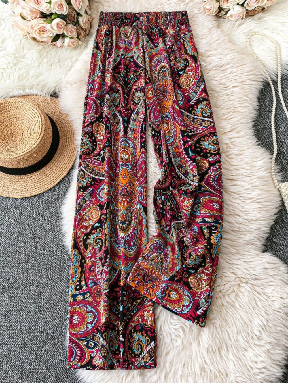 Multicolor Boho Women's Plus Size Casual Loose Paisley Print Wide-Leg Pants
